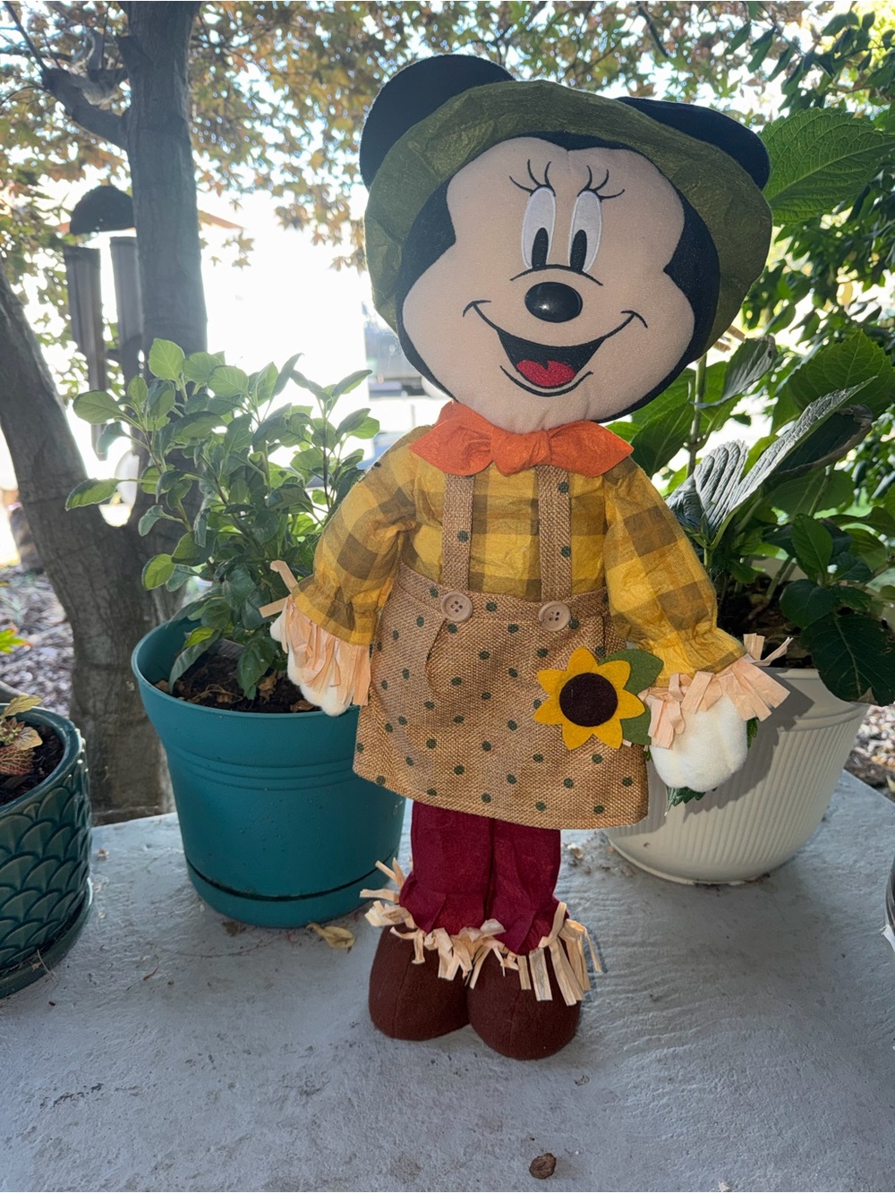 Disney Minnie Mouse Fall Scarecrow Plush Decor Doll w/ Green Hat & Sunflower